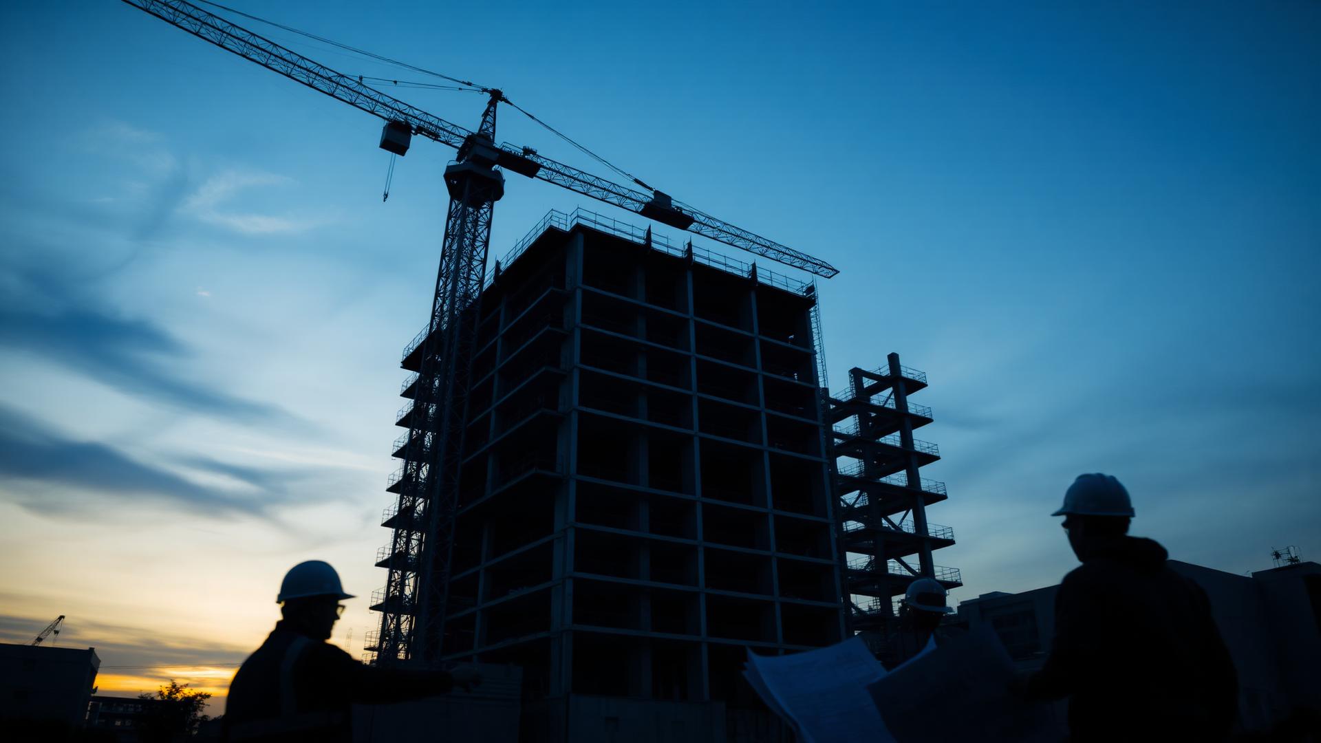 Chantier de construction avec grue au crépuscule, ingénieurs consultant des plans